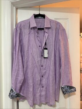 Men's Linen Lavender Long-Sleeve Button-Down Shirt with Contrast Cuffs